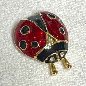 VTG Ladybug Gold Tone Enamel Rhinestones Brooch Pin 1"x1.5"